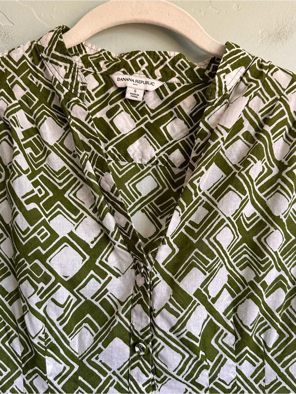 Banana Republic Women’s Green White Cotton Geo Print Cap-Sleeve Blouse Top Small